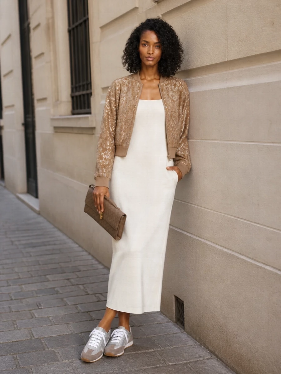 Brunello cucinelli sequin bomber slip dress outfit
