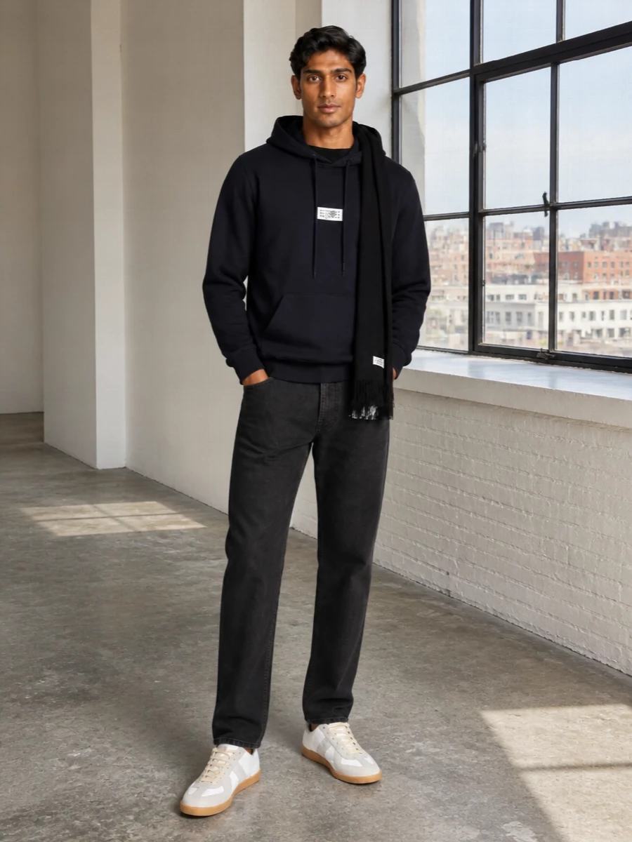 Margiela hoodie black jeans gum sole sneakers