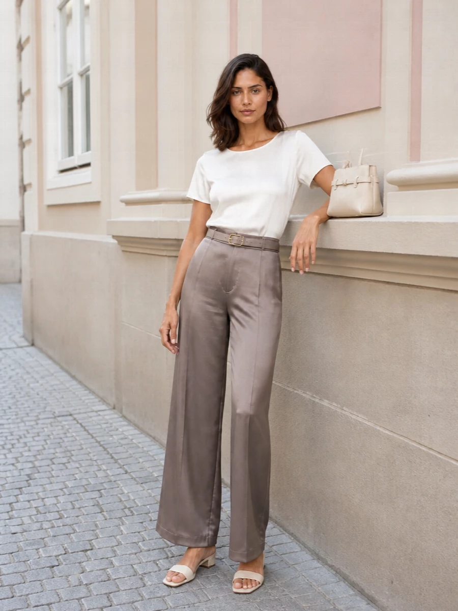 A quietly polished evening ensemble built around fluid taupe satin and soft ivory creates a long, uninterrupted line through the body. The high waist is gently defined with a slim tonal belt, while cream mules and a compact top-handle in the same light family keep the mood refined but not overdone. The result is a modern neutral column that feels as right for a terrace dinner as it does for a discreet celebration in the city.