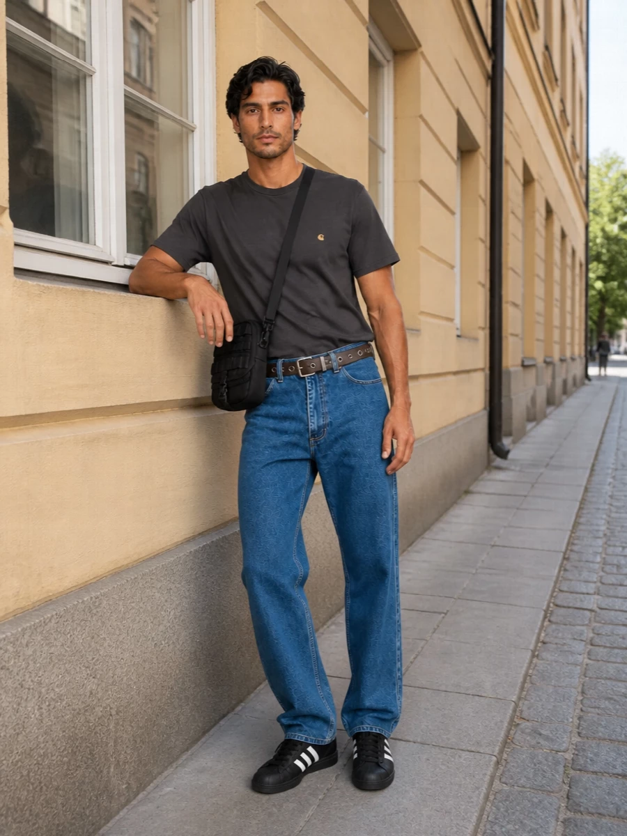 Carhartt’s mid blue workwear denim is grounded with a charcoal logo tee for a simple, graphic street uniform. Black Adidas classics and a compact crossbody keep the lines clean and practical, while the grommeted belt adds just enough industrial attitude at the waist. The result is an easy, everyday city uniform that still feels considered in its palette and hardware details.