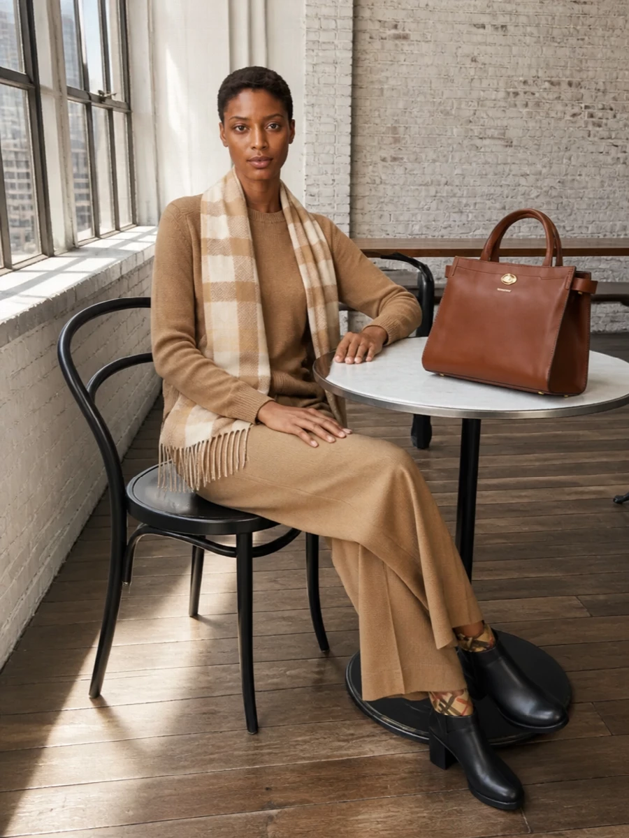 Burberry camel sweater wide leg trousers outfit