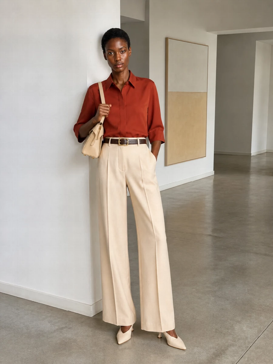 Alberta ferretti rust shirt beige wide leg trousers