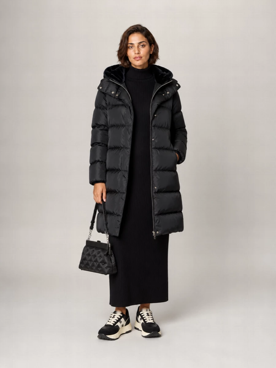 I’m taking the dress path here, because a long black knit column under a glossy black puffer keeps the mood intentionally minimal and reads sharper than splitting the line with separate top and trousers. The A.P.C. turtleneck dress, Hogan contrast-sole sneakers and Margiela quilted bag form a pure black city uniform with just enough texture from knit, nylon and quilting to keep it interesting. It is winter-ready, quietly polished and relaxed enough for real commutes and long days on foot.