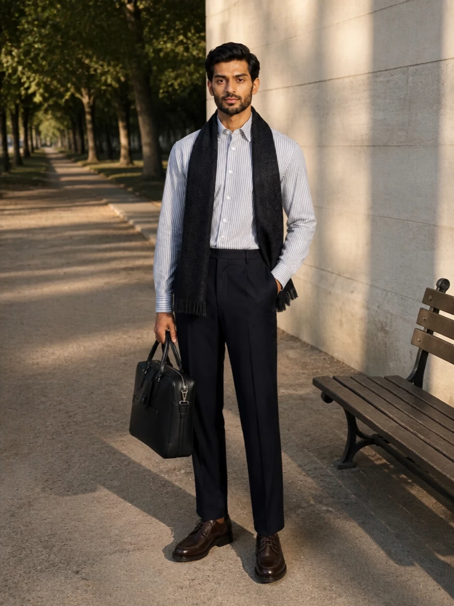 Etro striped shirt navy trousers derby shoes