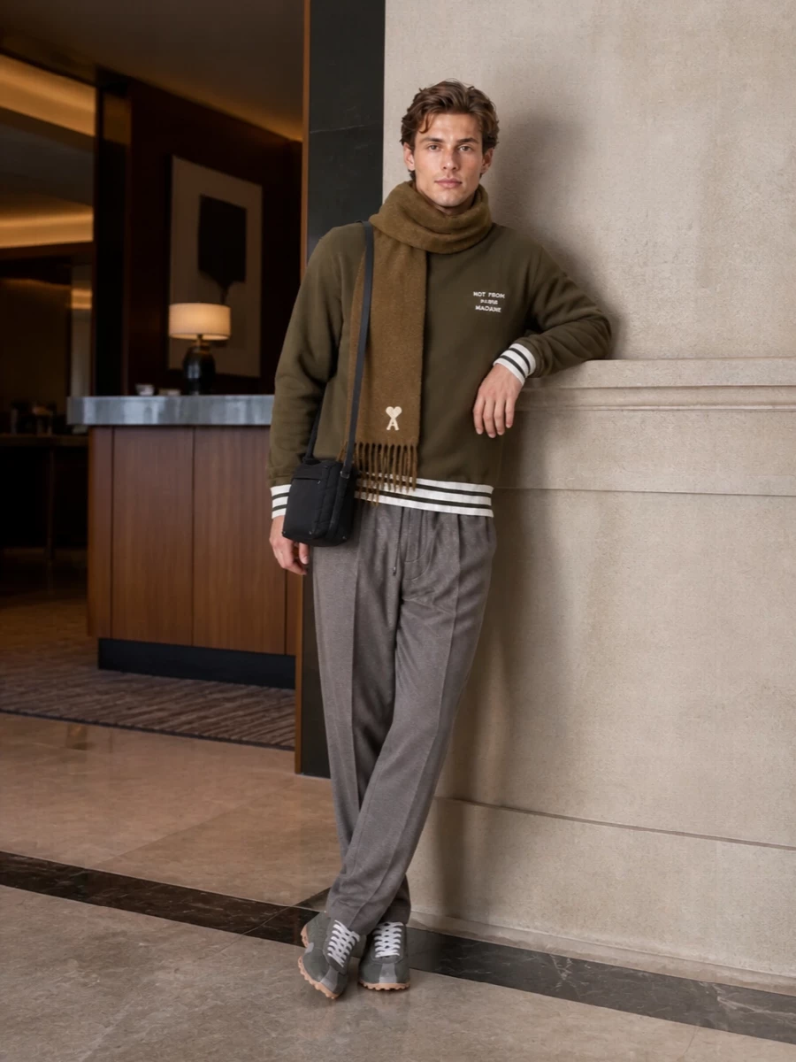 Drole de monsieur olive sweatshirt taupe pants outfit