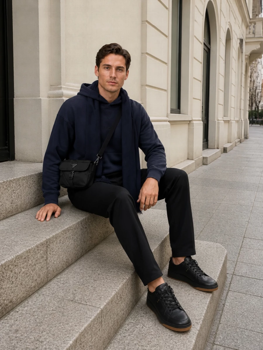 Saint laurent navy hoodie black trousers outfit