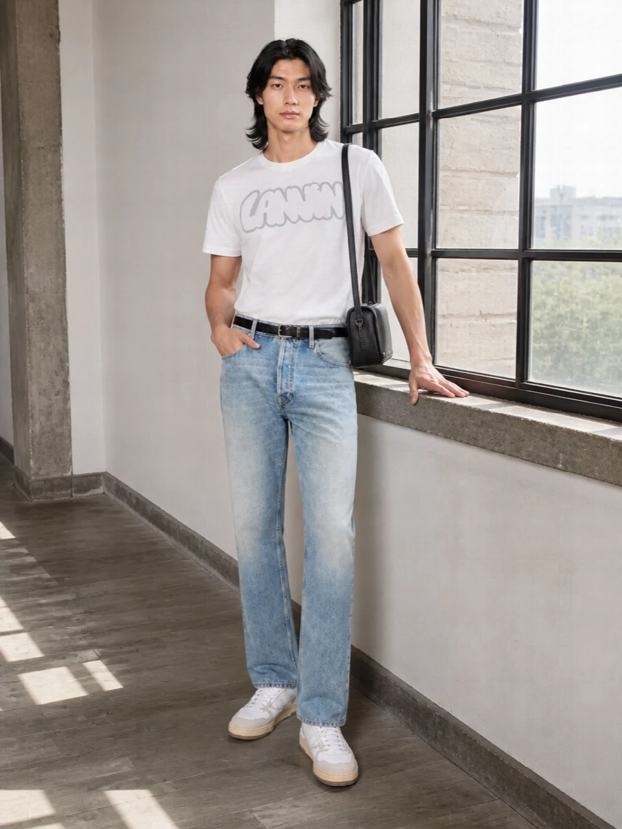 Lanvin graphic tee light wash jeans outfit