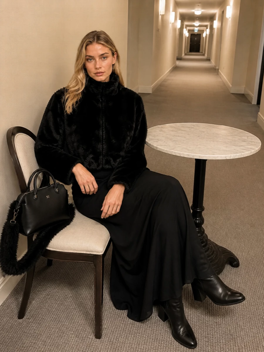 Fabiana filippi black maxi dress faux fur jacket