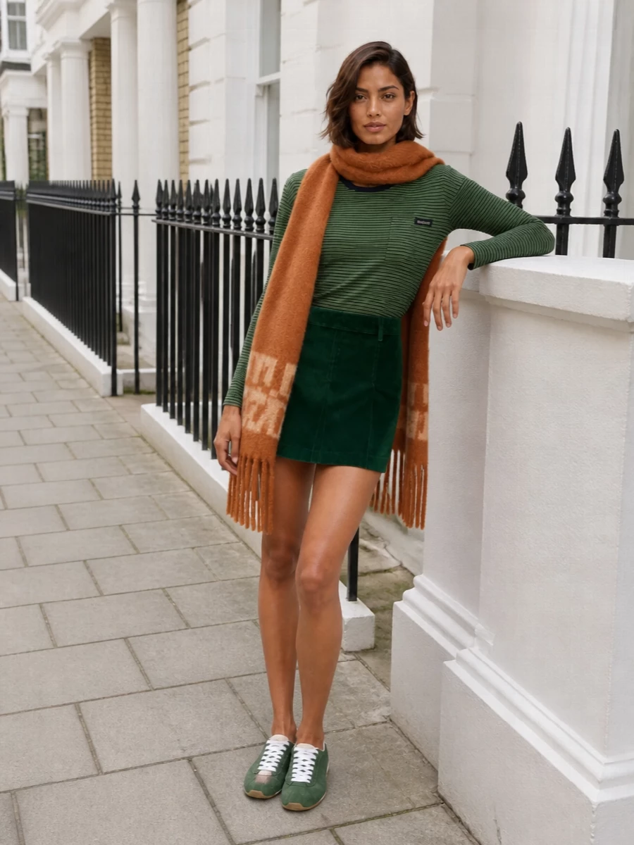 A forest-toned mini pairing leans fully into collegiate nostalgia, with green stripes meeting plush green corduroy for a tight, graphic palette. Suede trainers keep it relaxed and city-ready, while the chocolate top-handle bag and caramel scarf add warmth and polish without stealing the off-duty energy.