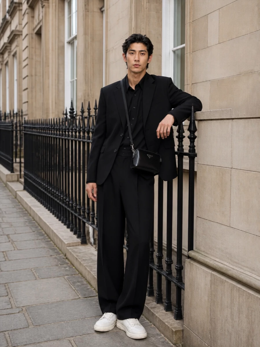 Ami paris black blazer wide leg trousers outfit