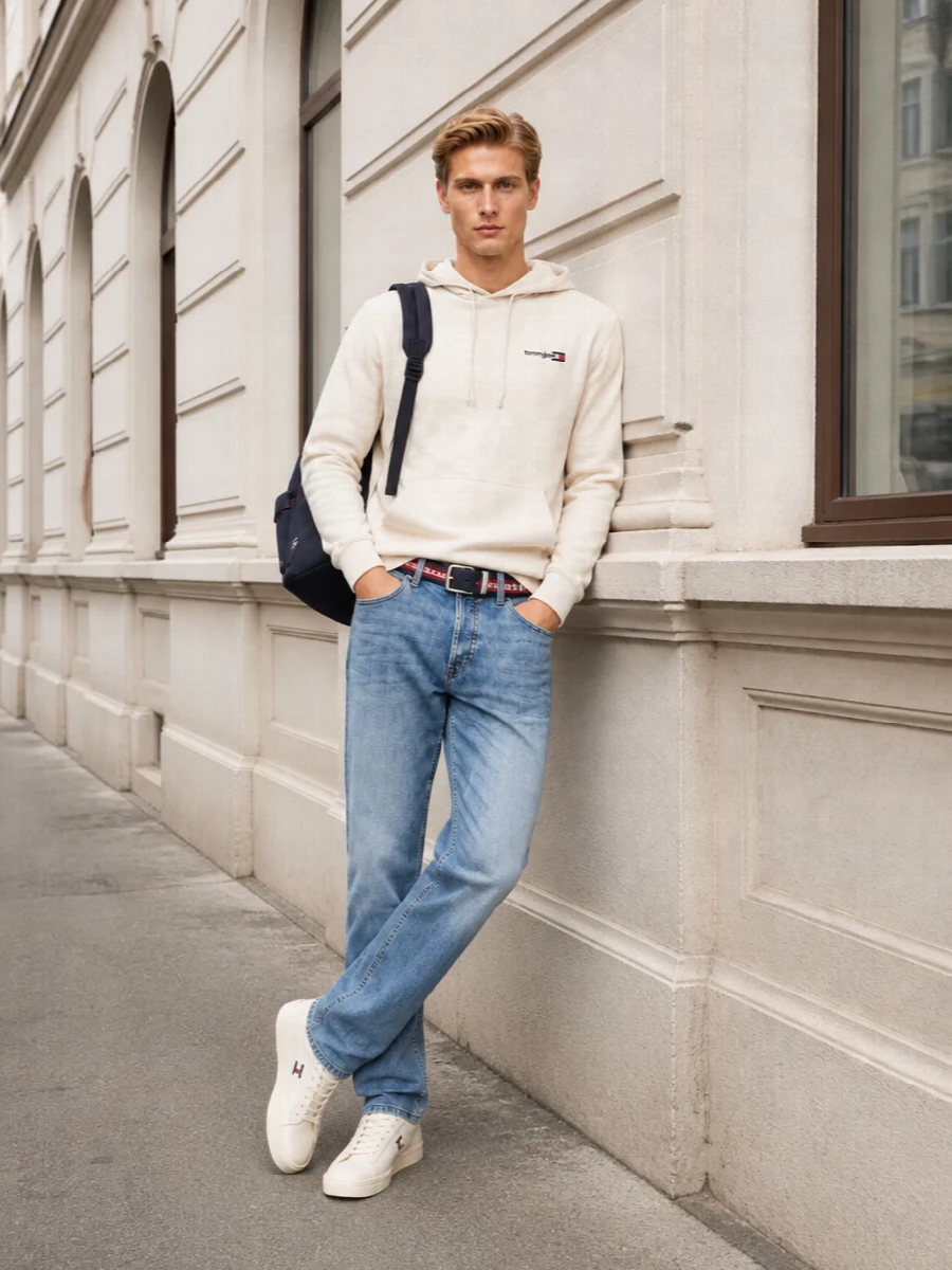 Tommy hilfiger cream hoodie jeans sneakers