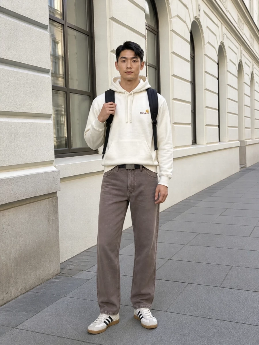 Carhartt hoodie taupe pants adidas sneakers