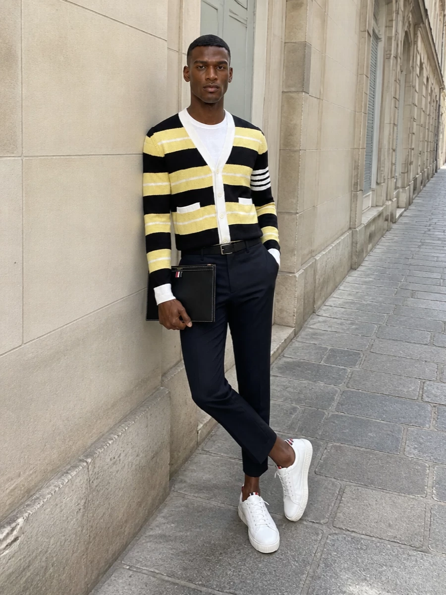 Thom browne striped cardigan navy cropped trousers