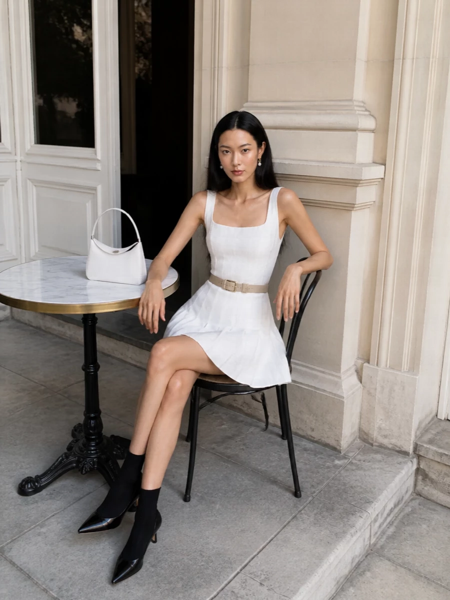 Jacquemus white mini dress black kitten heel boots