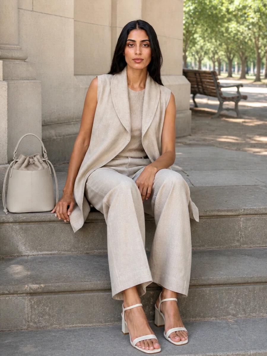 I am styling the gilet as the hero over a tonal, tailored separates story rather than with a dress, so the lines stay clean and the drape can really read. The sand shell and light-beige high-waisted wide leg create a long, uninterrupted column, with low ivory block-heel sandals and a softly structured taupe bucket bag keeping the mood polished yet relaxed. It is the kind of understated Armani-neutral ensemble that works as easily for a gallery afternoon as it does for a quiet dinner terrace.