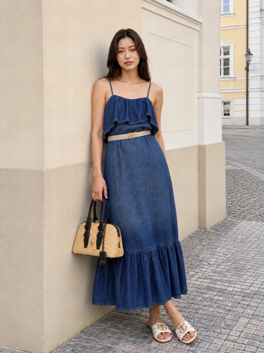 Pinko denim midi dress straw bag flat slides