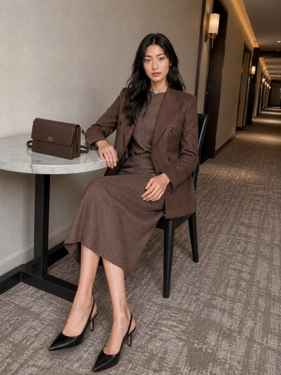 Max mara brown blazer mocha midi dress outfit