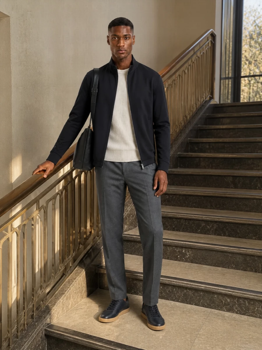 Zegna navy jacket charcoal trousers sneakers