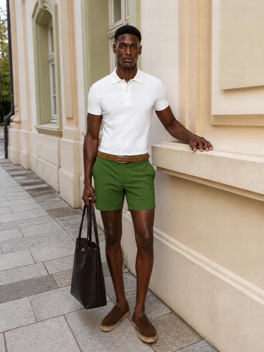 Tom ford olive swim shorts white polo outfit