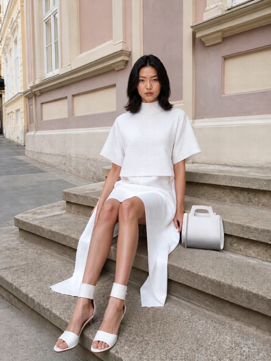Architectural and romantic, this pairing focuses on a sculpted white Alaïa midi that drops in fluid asymmetric panels over the Valentino cuffed stiletto sandal. The shared crisp white palette and clean lines keep everything razor-sharp yet feminine, while the graphic Ferragamo mini bag adds a precise monochrome accent without competing with the silhouette. Choosing the dress path lets the shoes and dress read as a single, continuous column, which feels more cohesive and couture than breaking the line with separates.