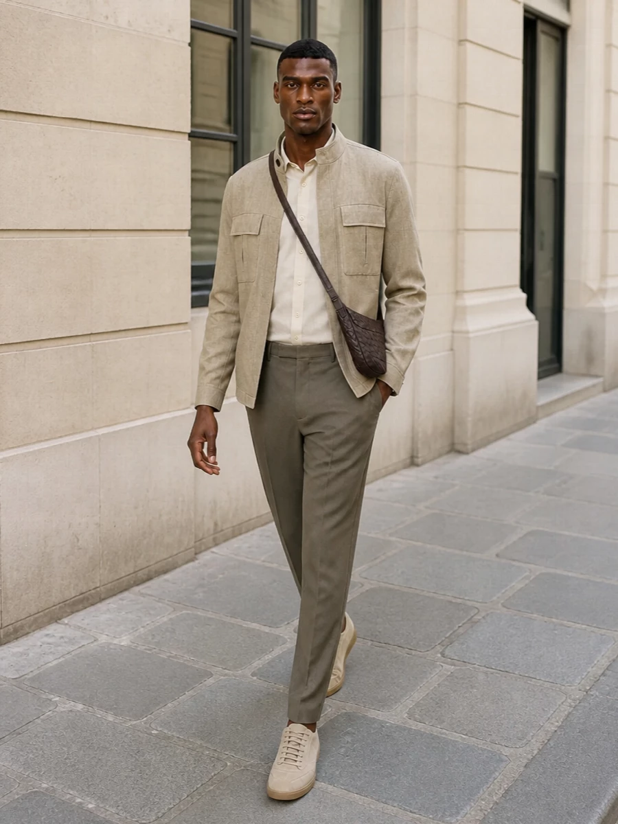This look builds a softly tonal, SS city uniform: a sand Zegna shirt-jacket over a fluid light-beige shirt, grounded by pleated olive‑taupe trousers for a precise yet relaxed line. Sand suede sneakers keep the outfit quietly casual, while the espresso Bottega crossbody adds subtle depth and texture without breaking the calm, minimalist palette.