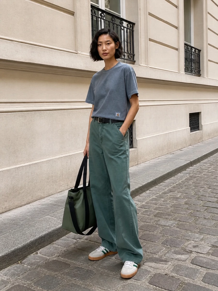 Carhartt wide leg pants adidas green sneakers
