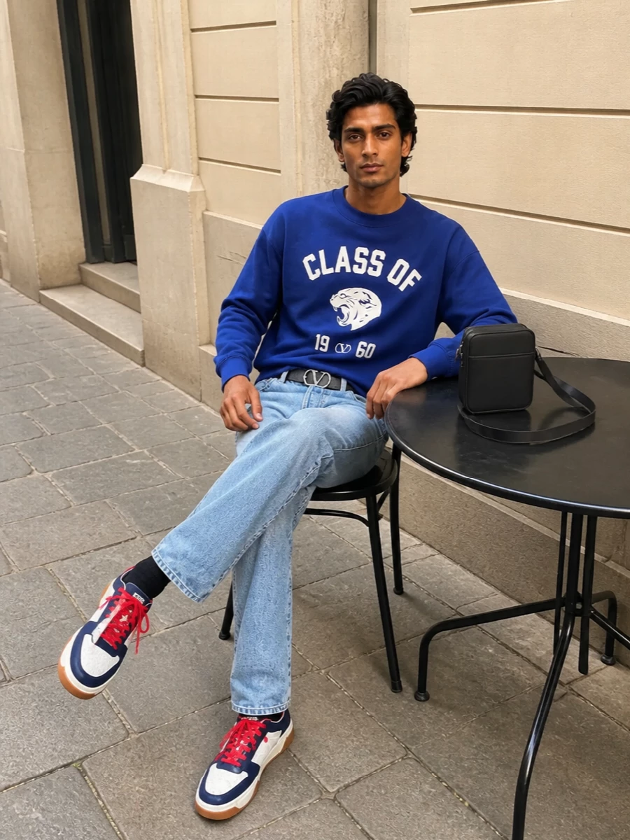 Valentino varsity sweatshirt light wash jeans outfit