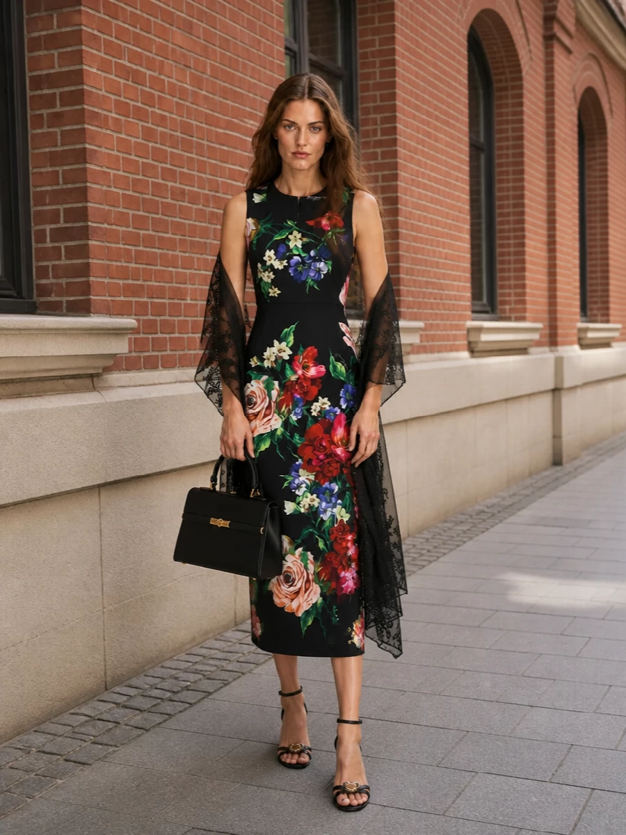 Dolce & Gabbana’s black floral midi becomes a true evening statement when grounded with streamlined black stiletto sandals and a structured top-handle bag. The head-to-toe inky base lets the roses and greenery read rich rather than busy, while a sheer lace stole adds just enough drama for weddings, openings or late dinners. It is a confident, body-skimming silhouette that feels unapologetically romantic yet sharply put together.
