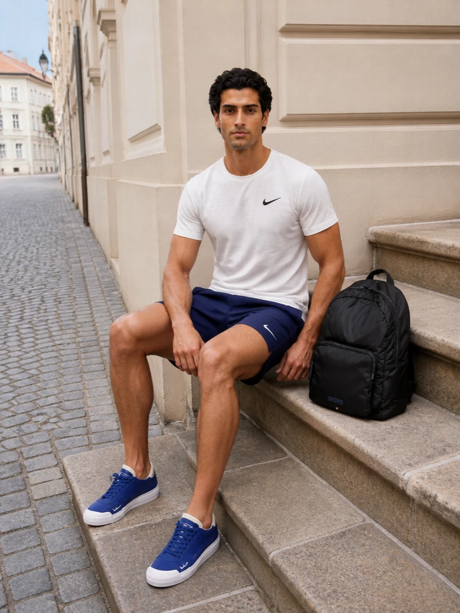 Nike white tee navy shorts blue sneakers