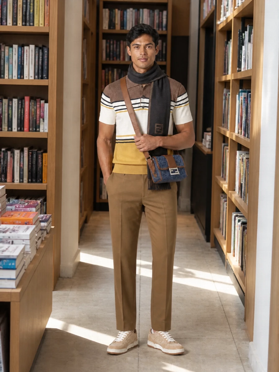 Fendi striped polo camel trousers sneakers