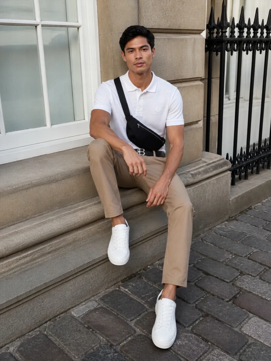 Burberry white polo taupe chinos white sneakers
