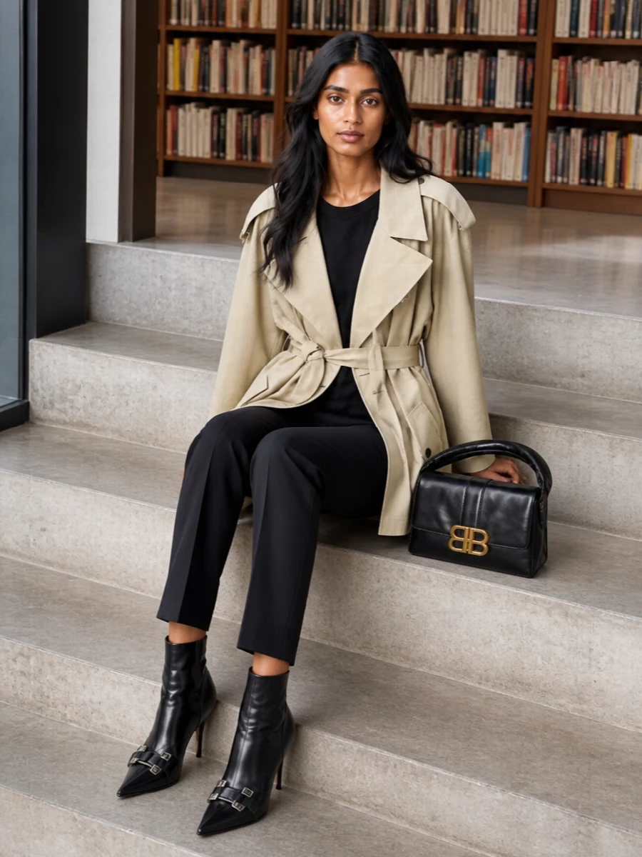 Balenciaga trench black trousers boots outfit