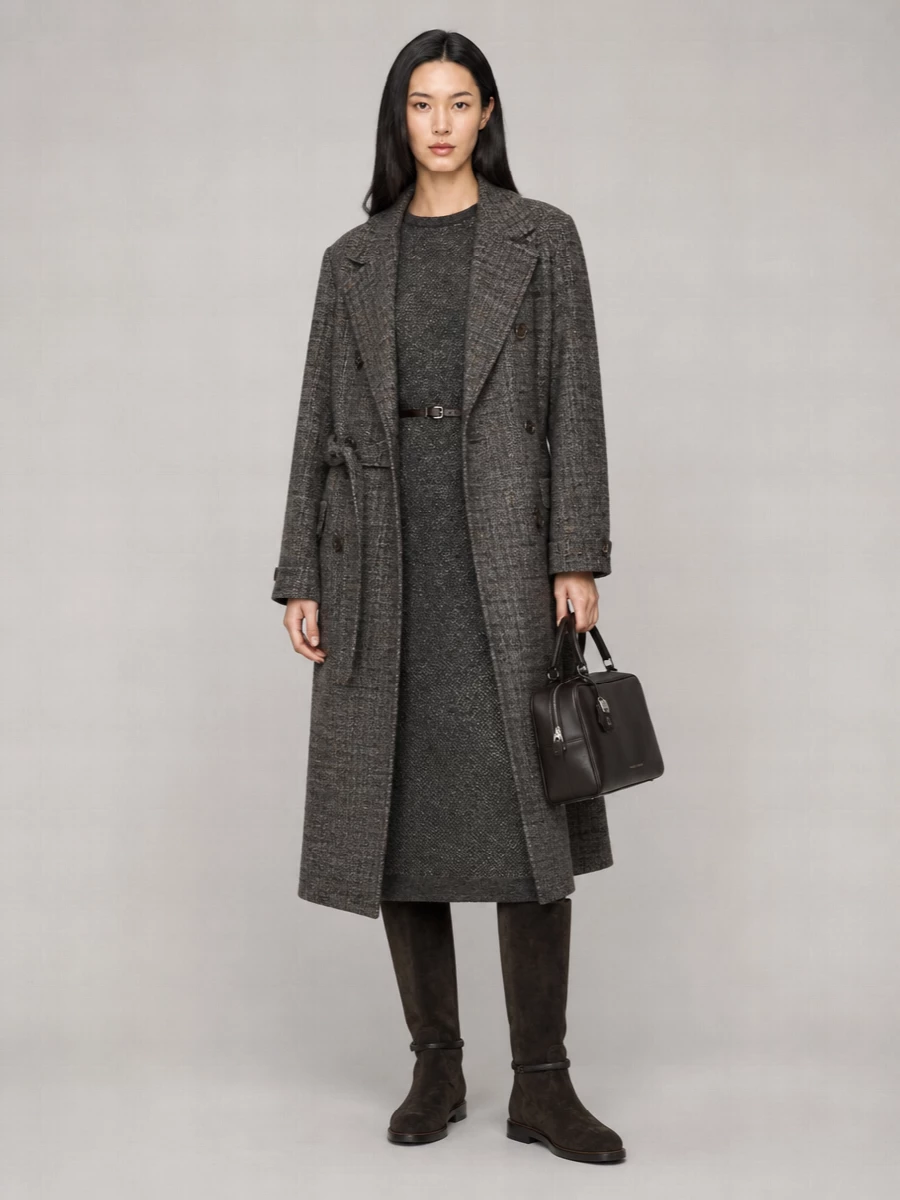 Brunello Cucinelli Alpaca-Blend Check Double-Breasted Belted Coat