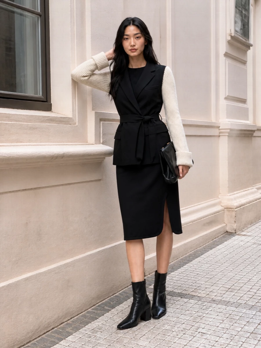 I am building around the dress rather than adding another blazer, so the Dries sheath becomes a clean, sculpted base under the tie-waist jacket. Together with the pointed ankle boots and oversized clutch, it reads as precise, quietly dramatic evening tailoring where texture and proportion do the work instead of obvious ornament. The result is a dark, elongated silhouette that moves easily from client dinner to gallery opening without losing polish.