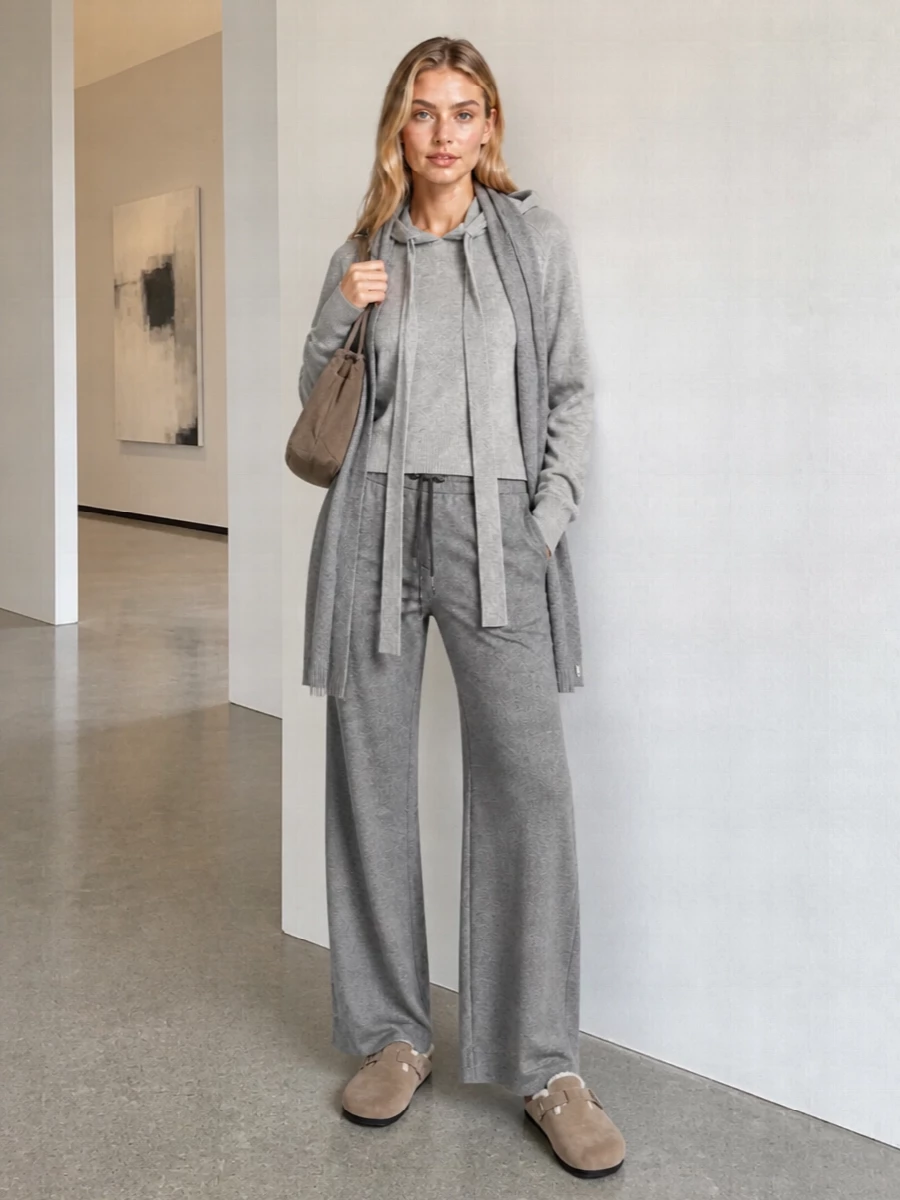 Closed grey knit hoodie wide leg lounge pants