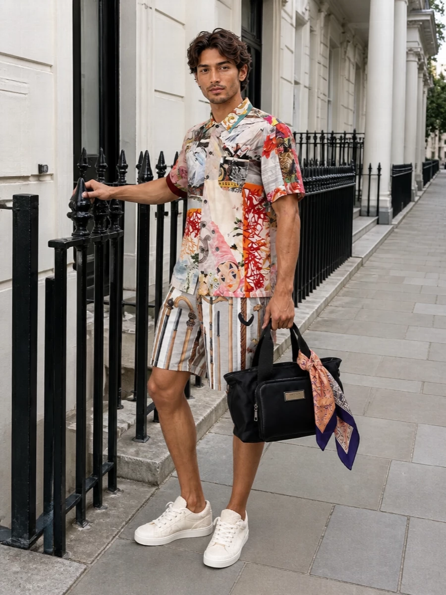 Dolce gabbana printed shirt tailored shorts outfit