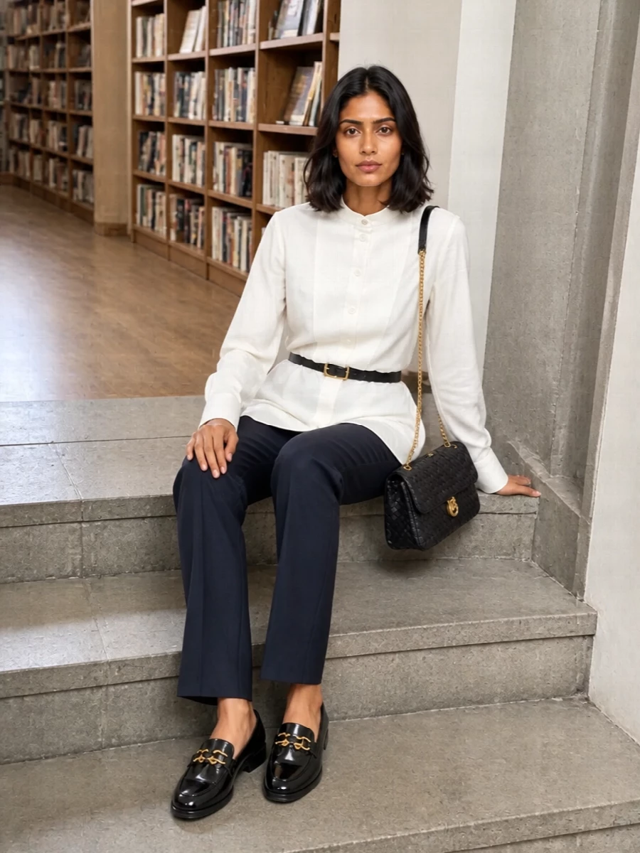 Bottega veneta tuxedo shirt navy trouser outfit