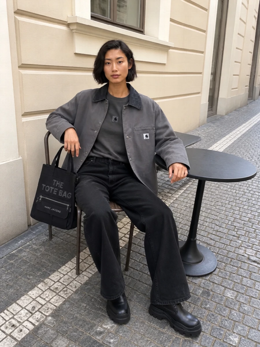 Carhartt coat wide leg jeans chunky boots outfit