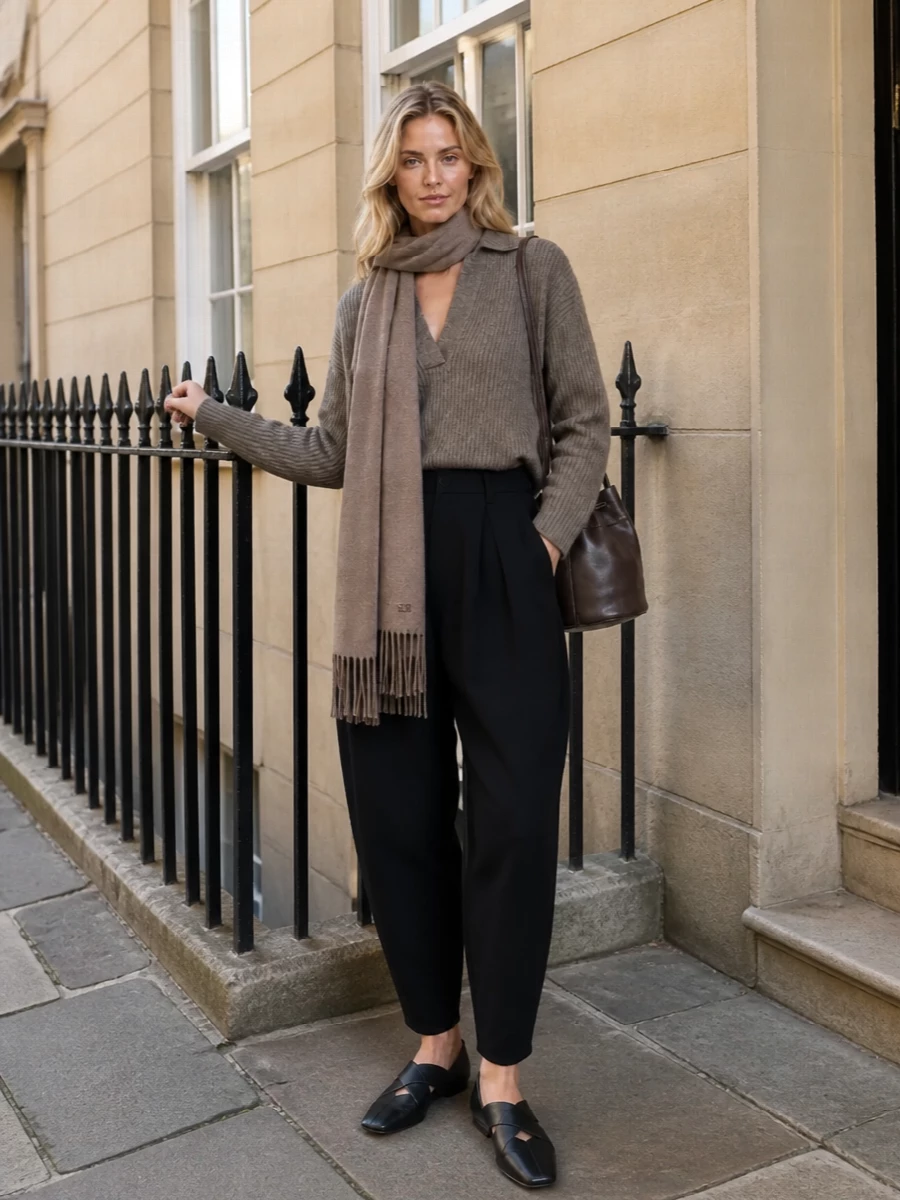 Uma wang taupe sweater black cocoon trousers