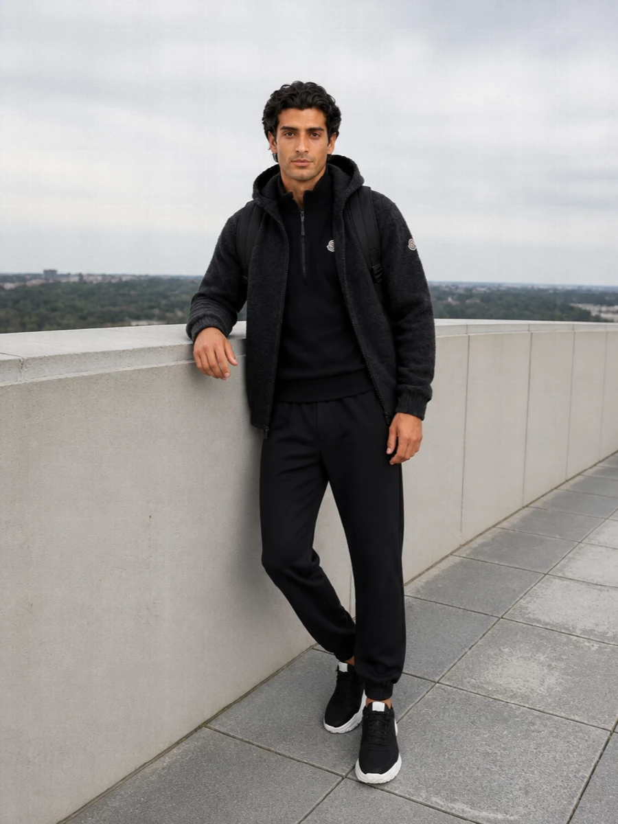 Moncler mens black jogger outfit charcoal jacket