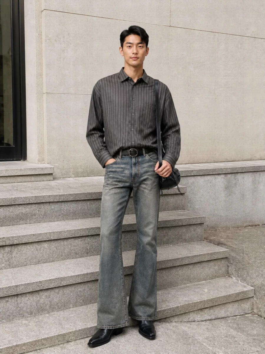 Acne studios flared jeans oversized striped shirt