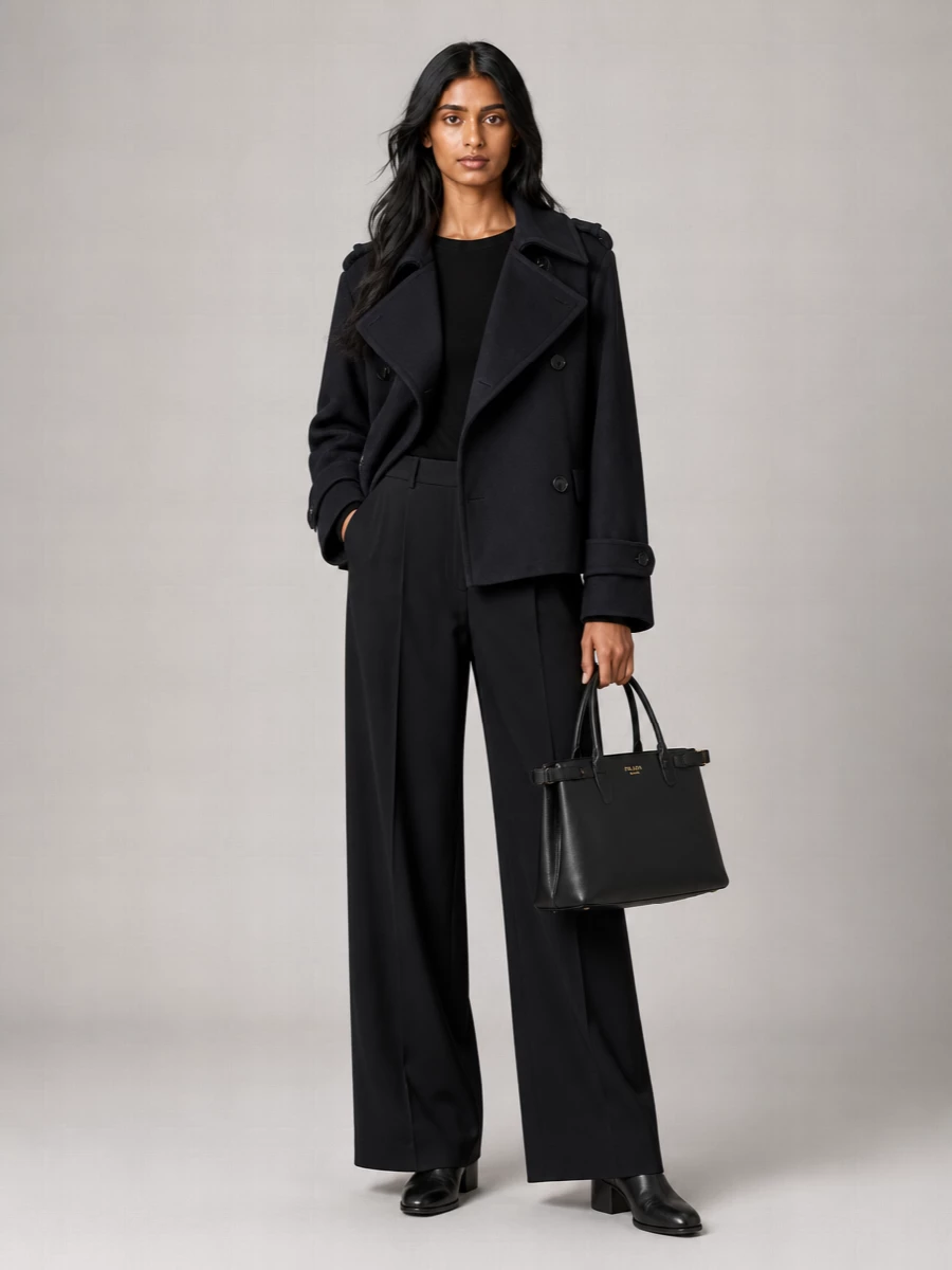 I am building around the peacoat with tailored separates rather than a dress, because its cropped, officerish structure is made to sit over a long, fluid trouser line, not interrupt a single-piece column. The wide-sleeved black knit and floor-skimming black trousers create a deep, elongating base so the navy reads as a subtle contrast, while Margiela ankle boots and a structured Prada tote keep the whole ensemble firmly in quiet, high-function city tailoring. It feels like modern office armor that still moves easily from daytime meetings to an understated dinner reservation.