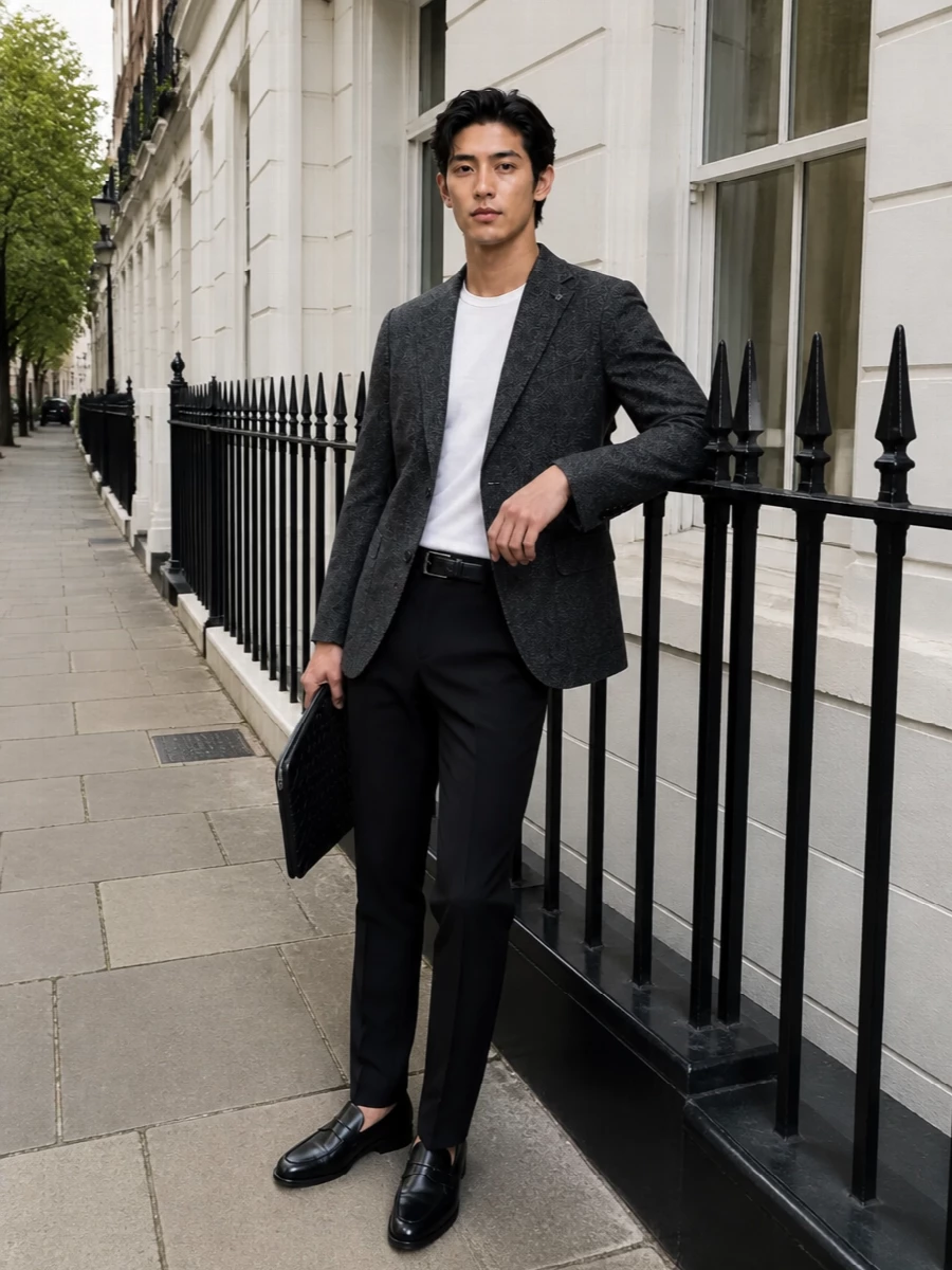 Tagliatore charcoal blazer grey trousers loafers