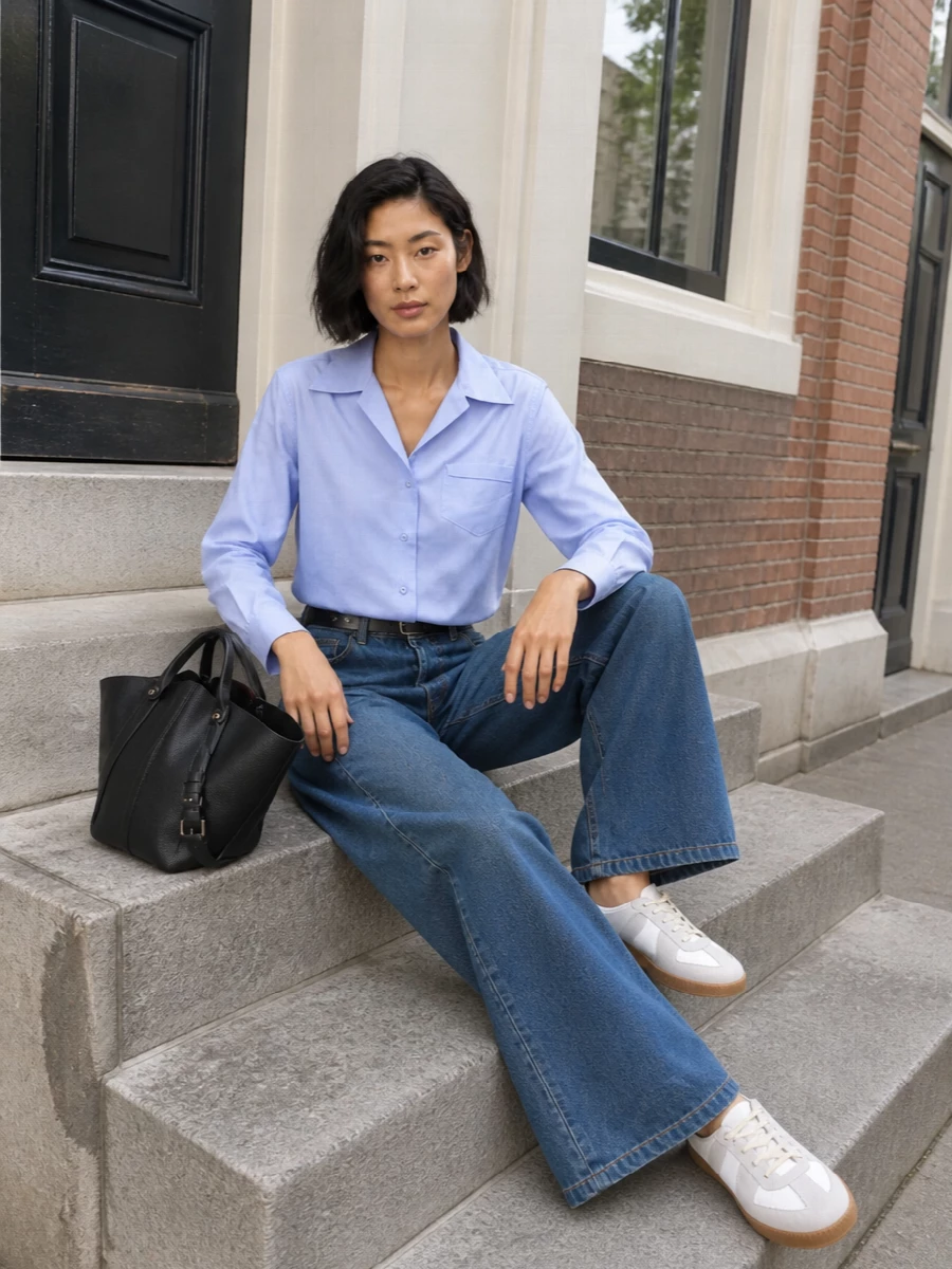 A cropped Margiela shirt neatly meets the high-rise wide-leg denim, giving the volume a precise, modern line. Iconic low-top sneakers keep it grounded and easy, while a sculpted black bucket bag and discreet belt sharpen the mood without interrupting the quiet, utilitarian minimalism.