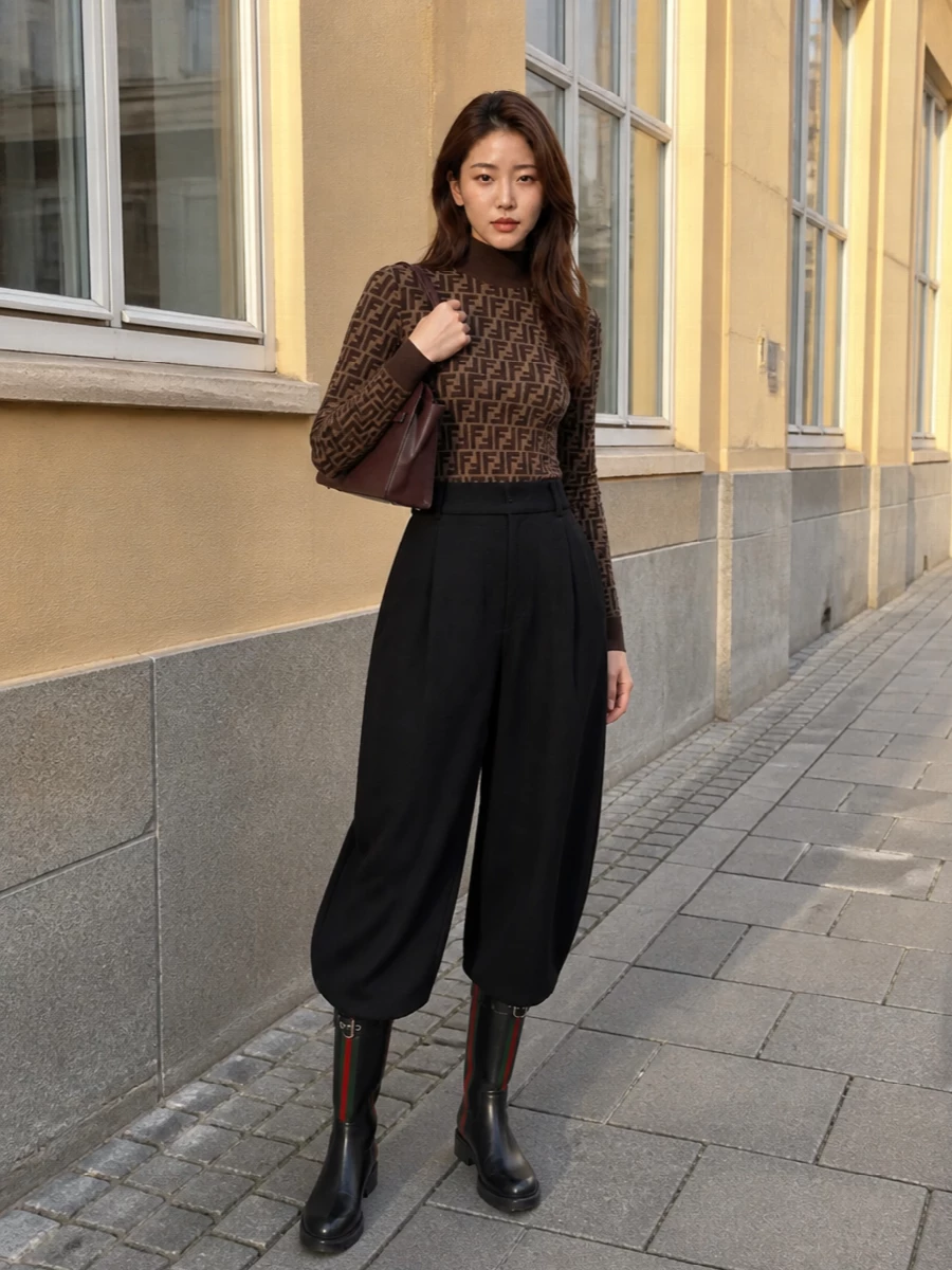 Gucci’s graphic knee boot sets the attitude, and the Fendi monogram knit picks it up in a rich, tonal way rather than going literal with more stripes. High-waisted sculpted Armani trousers add a directional, almost barrel volume that keeps the pairing modern and slightly street, but still boardroom-adjacent. The burgundy Valextra mini sharpens the palette, introducing a refined hit of color that ties back to the boot’s red without overwhelming the clean, tailored base.