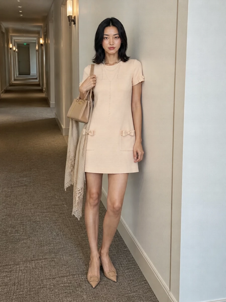A nude Valentino mini shift is styled tonally with crystal-buckled slingbacks and a structured mini top-handle for a restrained, 1960s-tinged cocktail ensemble. A draped pearl lariat and lace-trimmed wrap add soft romance and just enough ceremony without disturbing the dress’s clean, structured line.