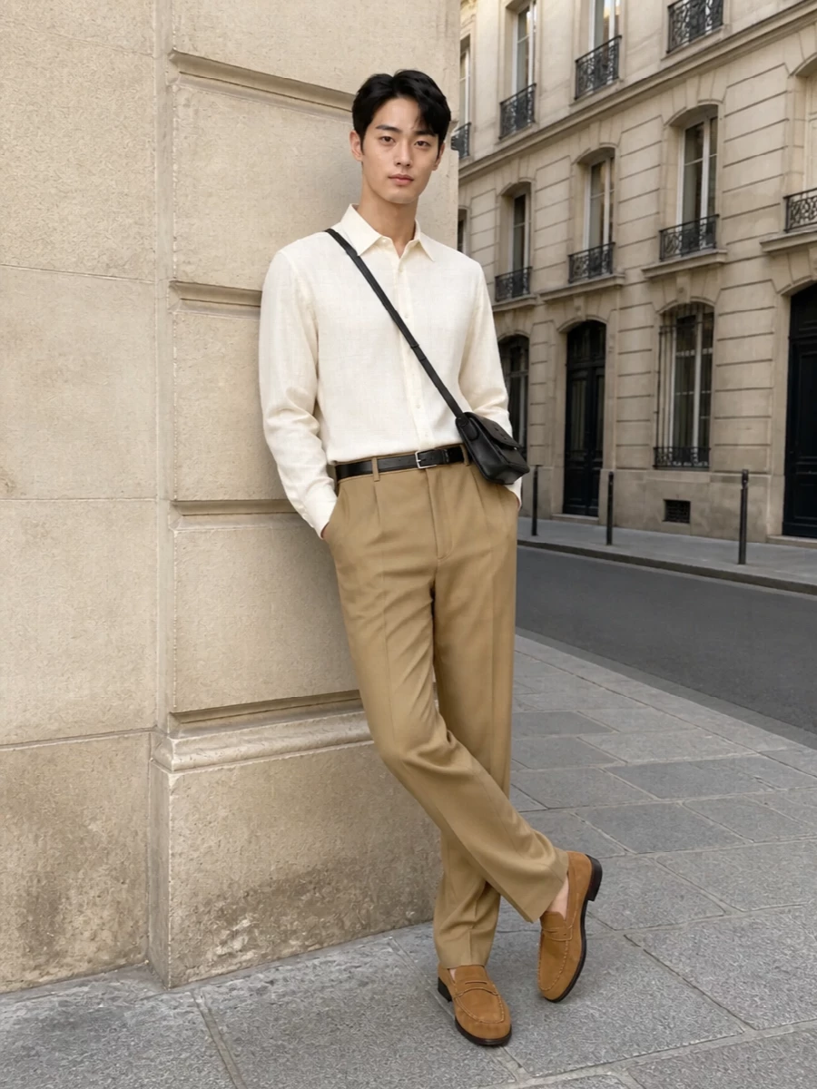Saint laurent camel trousers ivory shirt outfit
