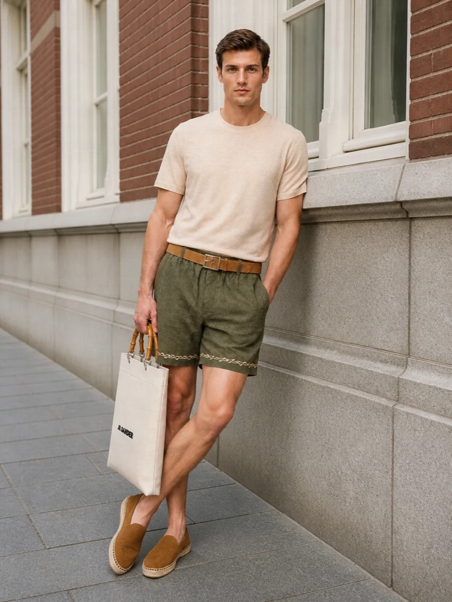 Olive embroidered shorts meet a soft beige Marant tee for a relaxed, tonal base that feels refined without trying. Tan suede espadrilles and a camel suede belt pick up the sand stitching, keeping everything grounded in warm, natural textures. An off-white Jil Sander tote in canvas and bamboo finishes the mix with a crisp, artisanal note that still reads easy for city or coastal days.
