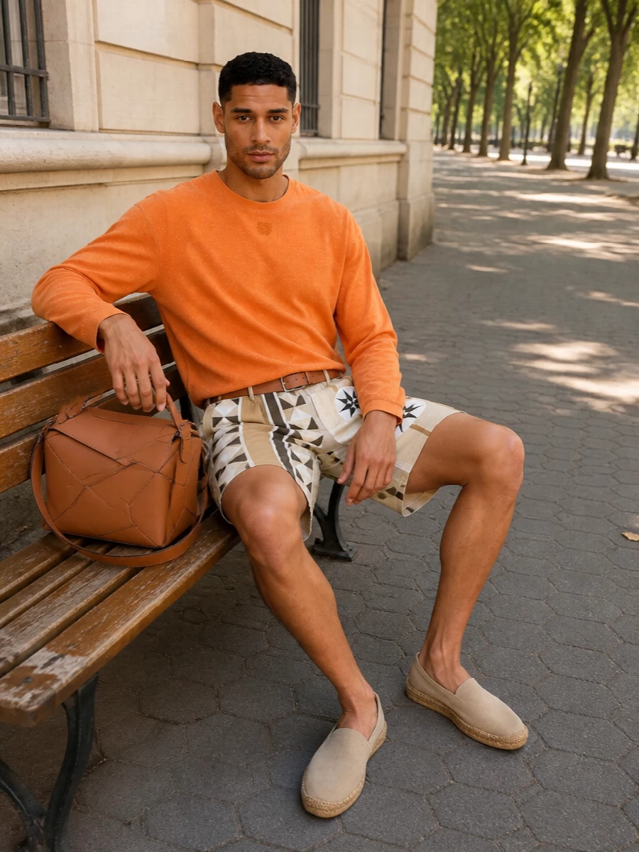Loewe shorts orange tee espadrilles outfit
