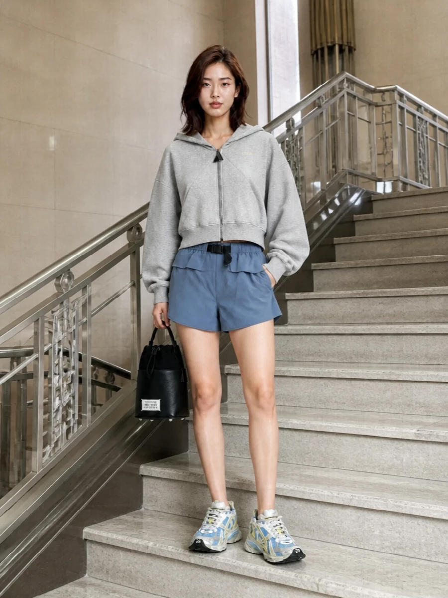 This is a sport-driven city set built around the Balenciaga runners, with The Attico’s cropped grey hoodie mirroring their pale yellow hit and relaxed volume. Prada’s slate blue nylon shorts keep the palette tightly in the grey–blue family and lean into a technical, leggy proportion that feels very early 2000s off-duty. The Margiela mini bucket bag pulls everything back to black and white, adding quiet structure so the sneakers stay the headline without the outfit feeling casual-only.